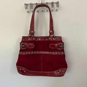 Genuine Red Suede & Faux Crocodile Leather Shoulder Bag By Genna De Rossi With B